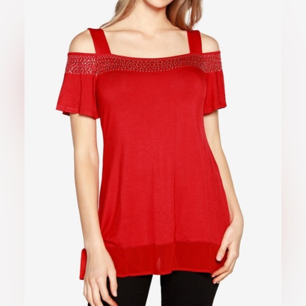 NWT Belldini Embellished Cold Shoulder Top in Red - Size S